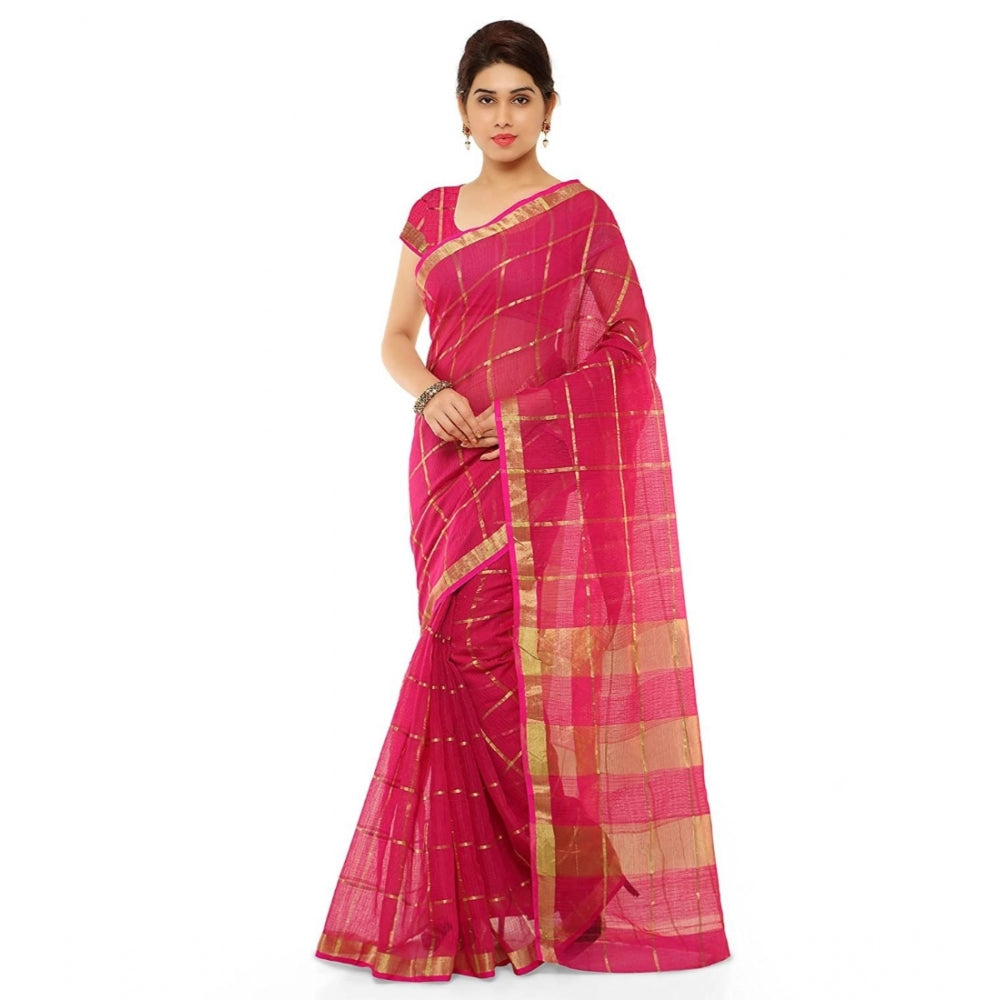 Amfyn Women's Kota Doria Cotton Saree With Blouse (Rani,6-3 Mtrs)