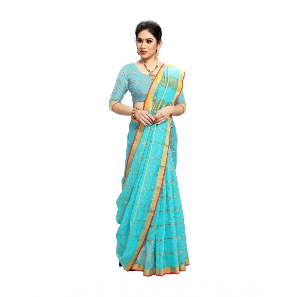 Amfyn Women's Kota Doria Cotton Saree With Blouse (Sky Blue,6-3 Mtrs)
