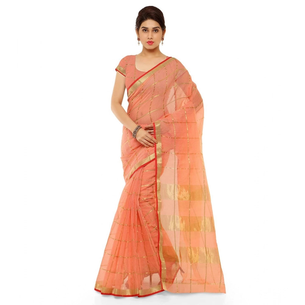 Amfyn Women's Kota Doria Cotton Saree With Blouse (Peach,6-3 Mtrs)