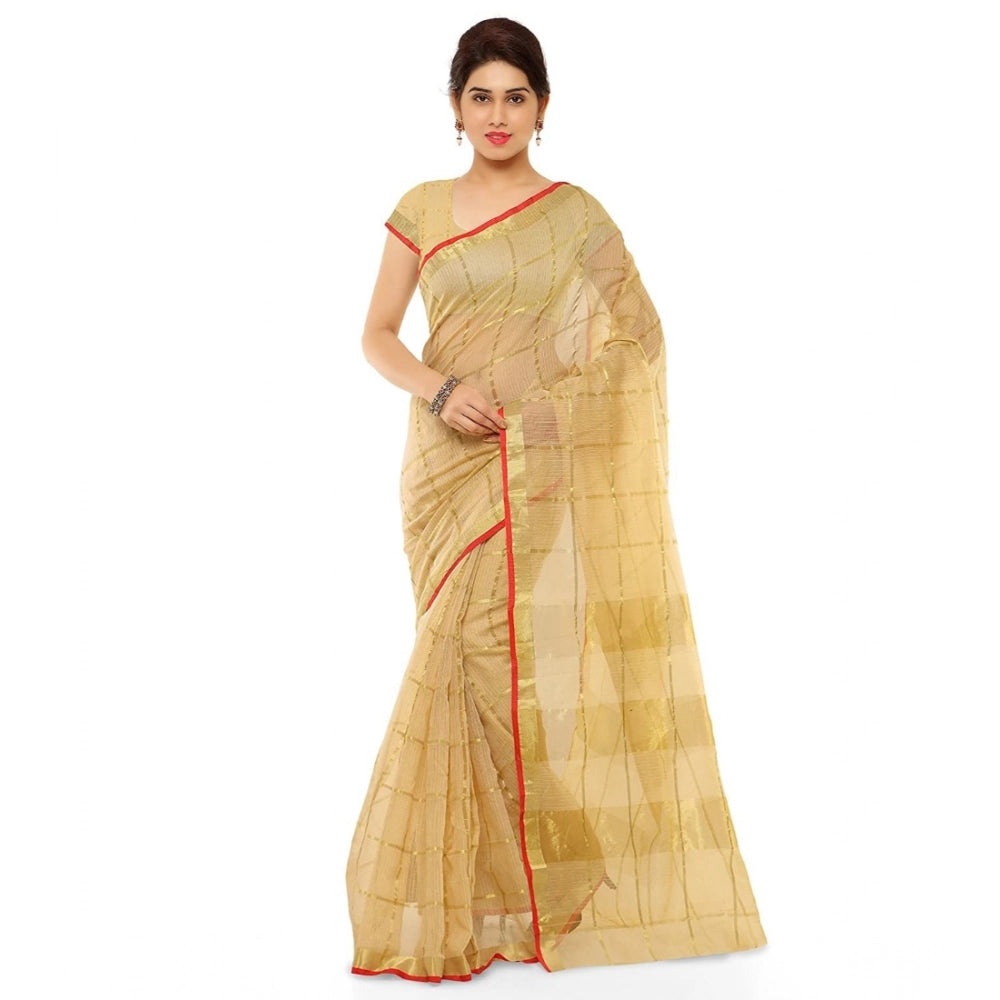 Amfyn Women's Kota Doria Cotton Saree With Blouse (Chikoo,6-3 Mtrs)