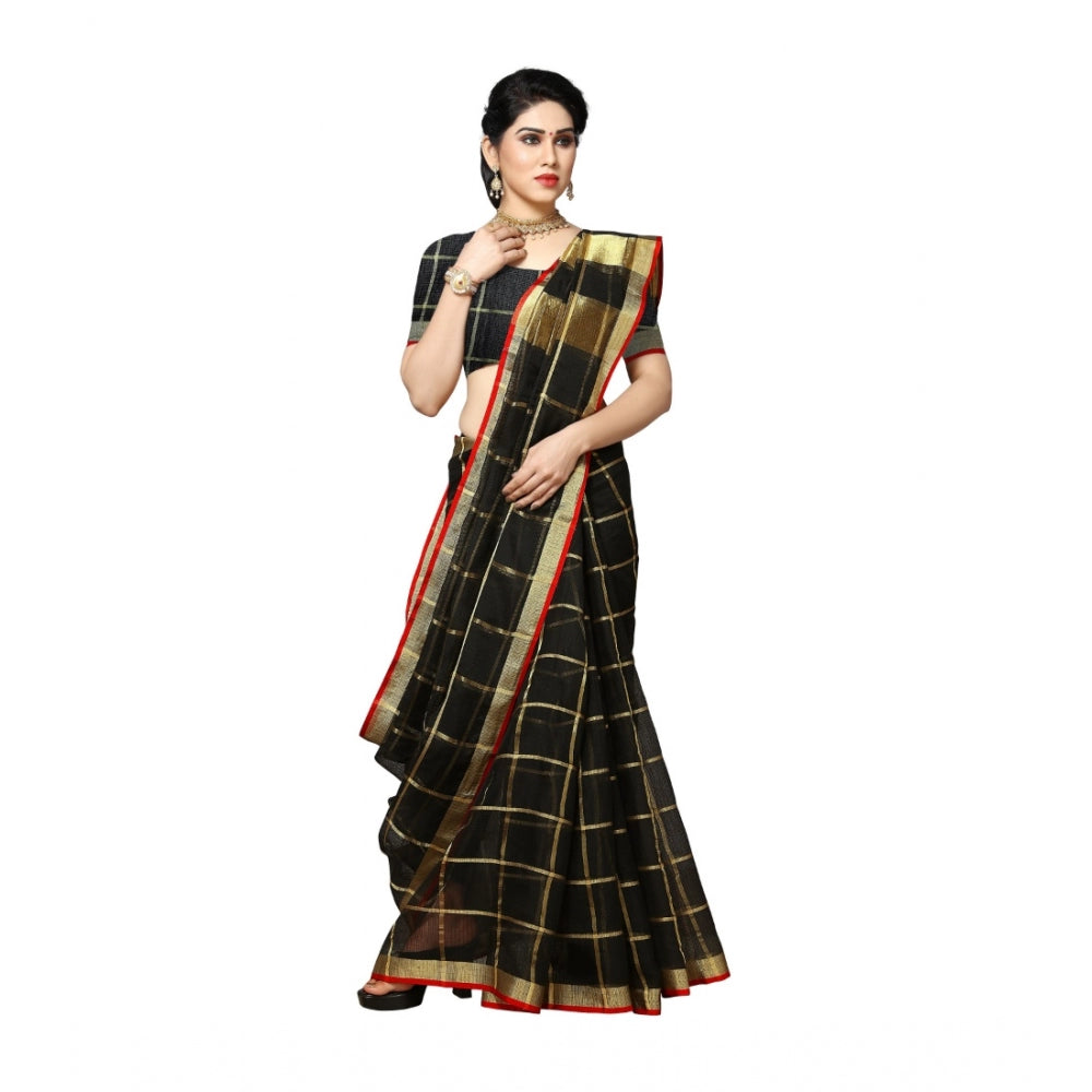 Amfyn Women's Kota Doria Cotton Saree With Blouse (Black,6-3 Mtrs)