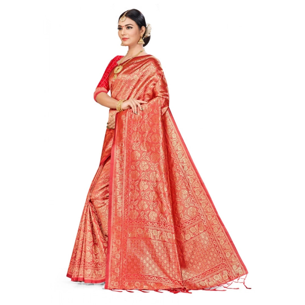 Amfyn Women's Banarasi Silk Saree (Peach,5-6 Mtrs)