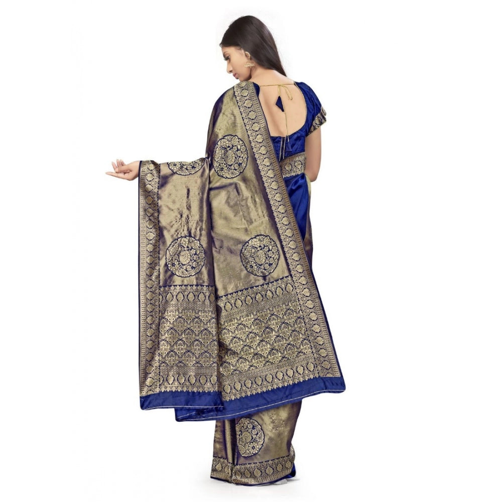 Amfyn Women's Banarasi Silk Saree (Navy Blue,5-6 Mtrs)