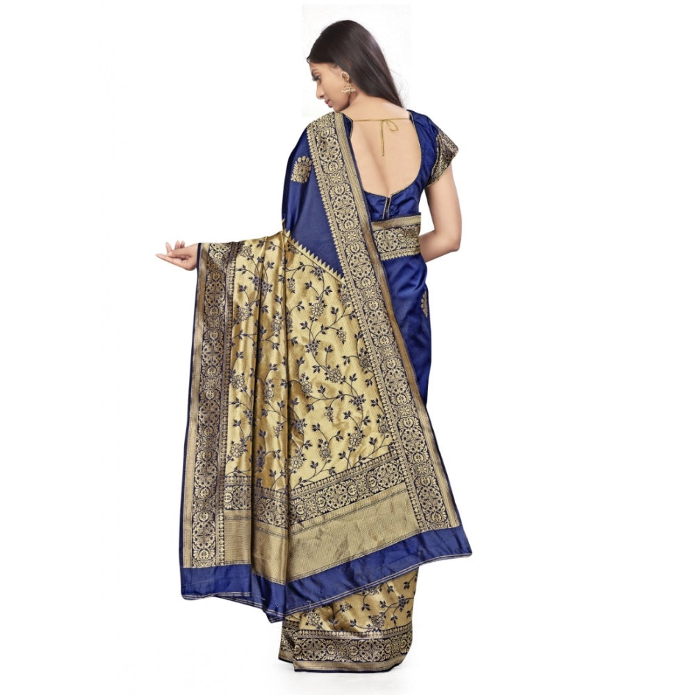 Amfyn Women's Banarasi Silk Saree (Navy Blue,5-6 Mtrs)