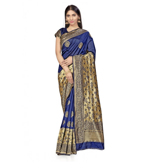 Amfyn Women's Banarasi Silk Saree (Navy Blue,5-6 Mtrs)