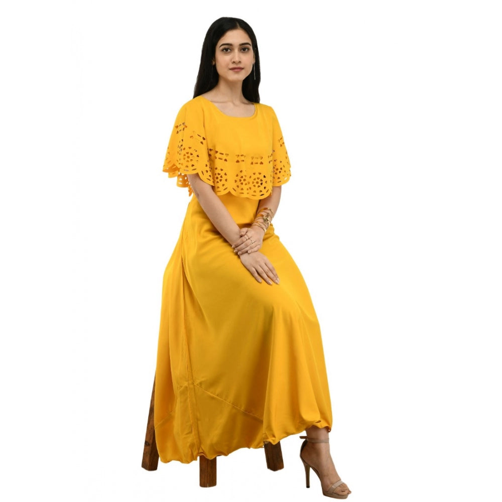 Amfyn Women's Crepe Solid Sleeveless Full Length Gown(Yellow)