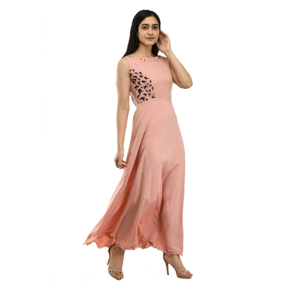 Amfyn Women's Crepe Solid Sleeveless Full Length Gown(Light Peach)