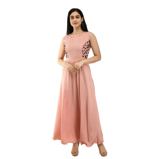 Amfyn Women's Crepe Solid Sleeveless Full Length Gown(Light Peach)