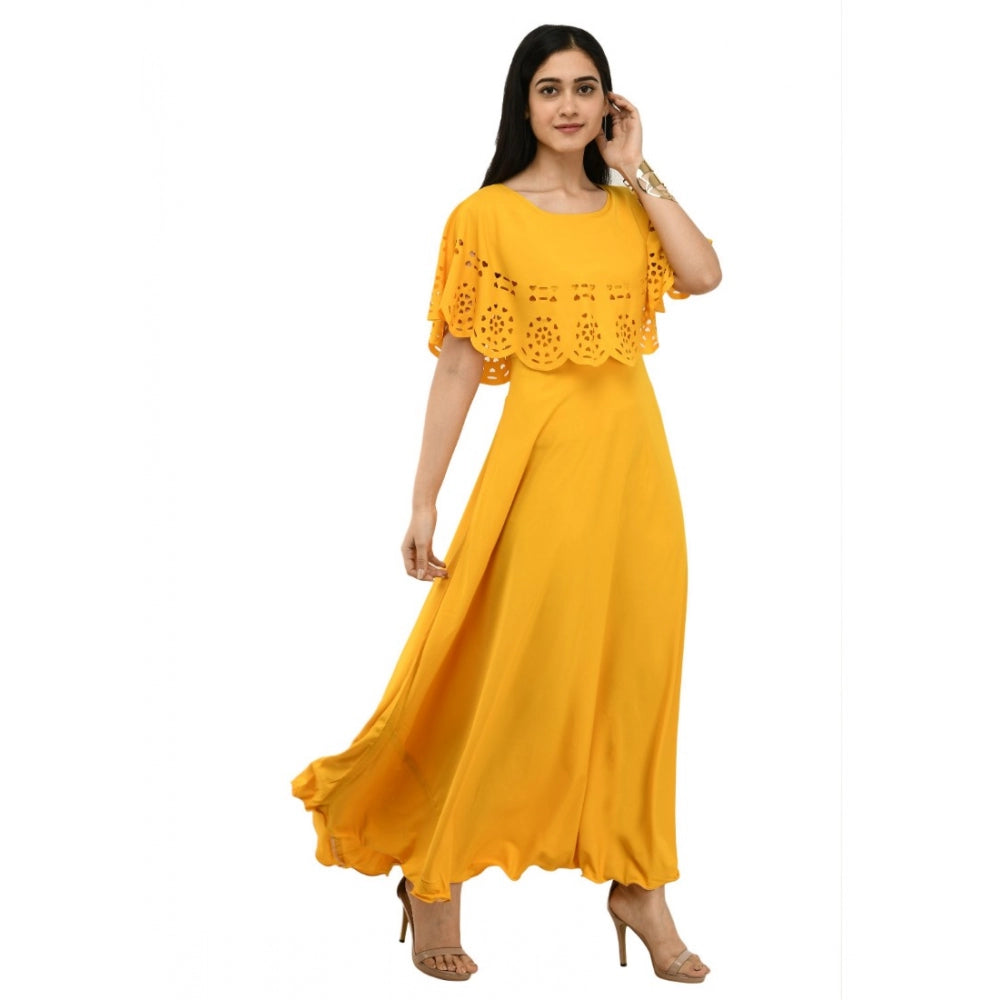 Amfyn Women's Crepe Solid Sleeveless Full Length Gown(Yellow)