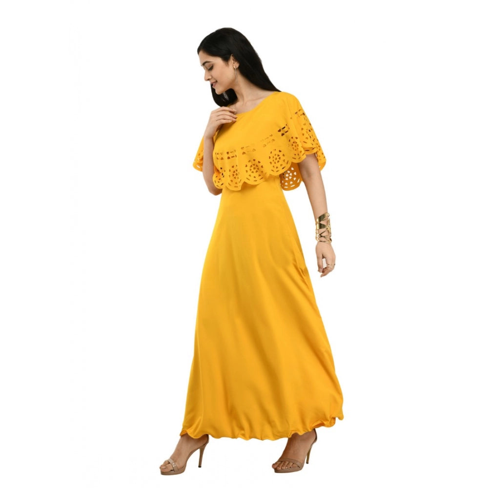 Amfyn Women's Crepe Solid Sleeveless Full Length Gown(Yellow)
