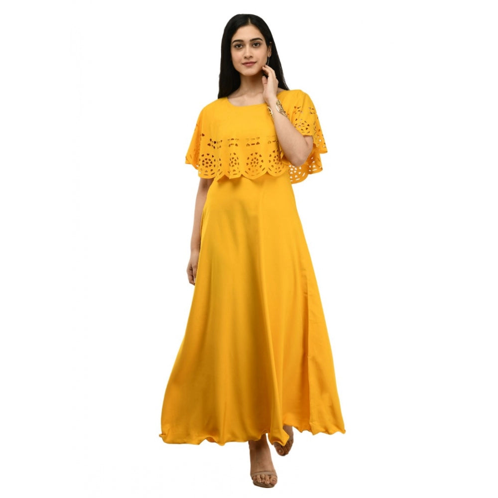 Amfyn Women's Crepe Solid Sleeveless Full Length Gown(Yellow)