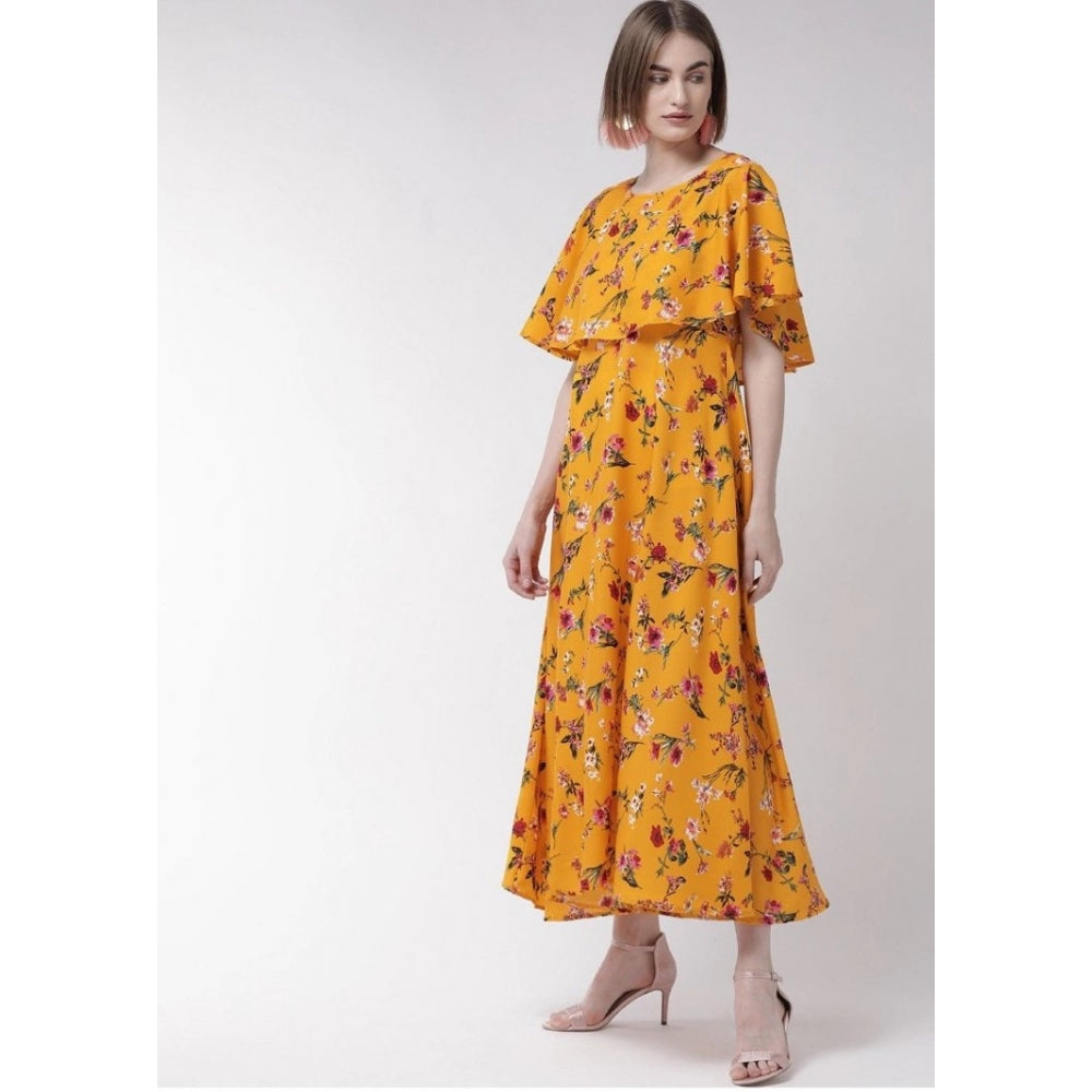 Amfyn Women's Crepe Floral Half Sleeves Full Length Gown(Yellow)