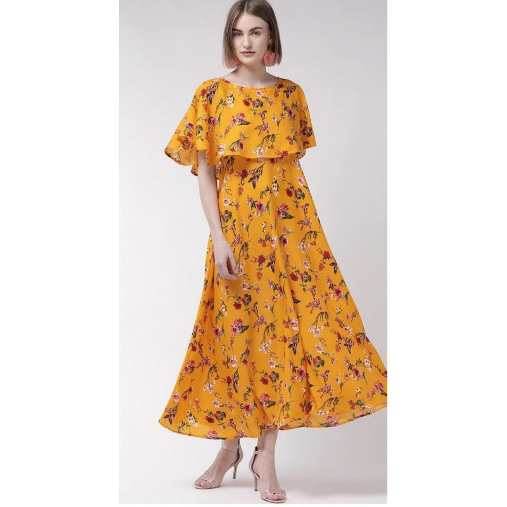 Amfyn Women's Crepe Floral Half Sleeves Full Length Gown(Yellow)