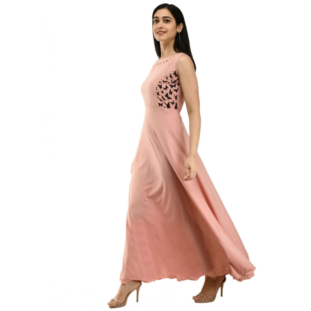 Amfyn Women's Crepe Solid Sleeveless Full Length Gown(Light Peach)