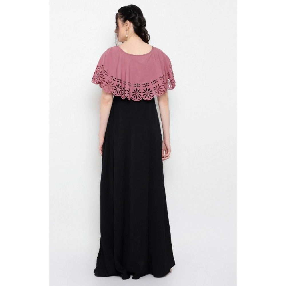 Amfyn Women's Crepe Solid Sleeveless Full Length Gown(Peach Black)