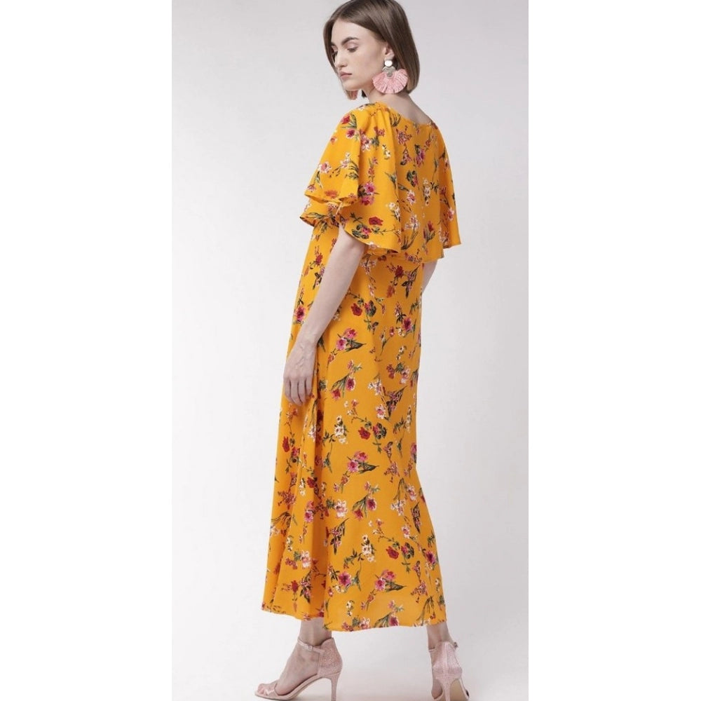 Amfyn Women's Crepe Floral Half Sleeves Full Length Gown(Yellow)