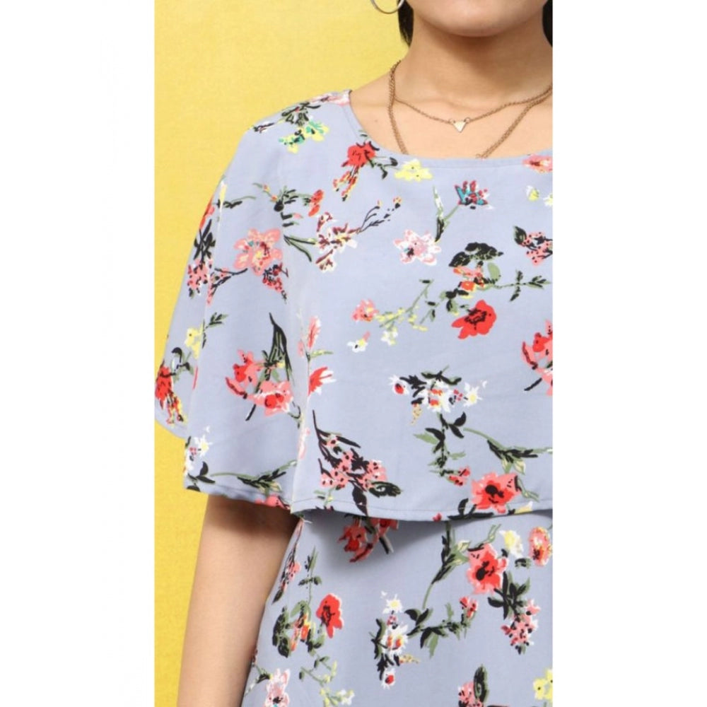 Amfyn Women's Crepe Floral Half Sleeves Full Length Gown(Light Grey)