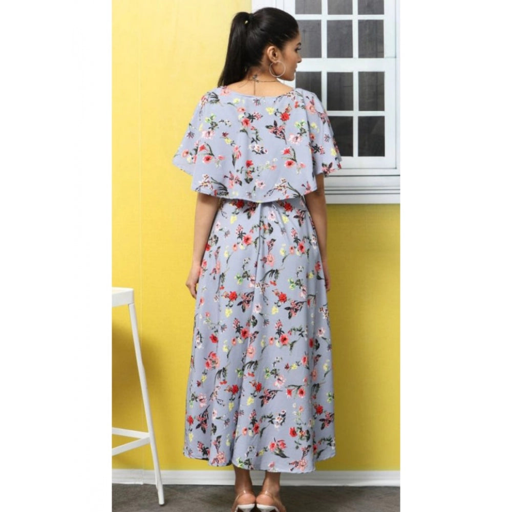Amfyn Women's Crepe Floral Half Sleeves Full Length Gown(Light Grey)