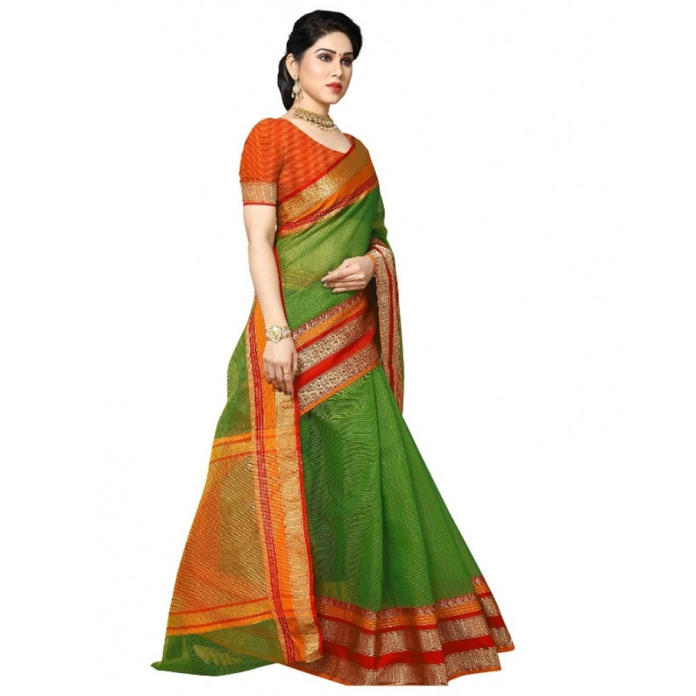 Amfyn Women's Kota Doria Cotton Border Saree With Blouse (Green, 5-6 Mtrs)