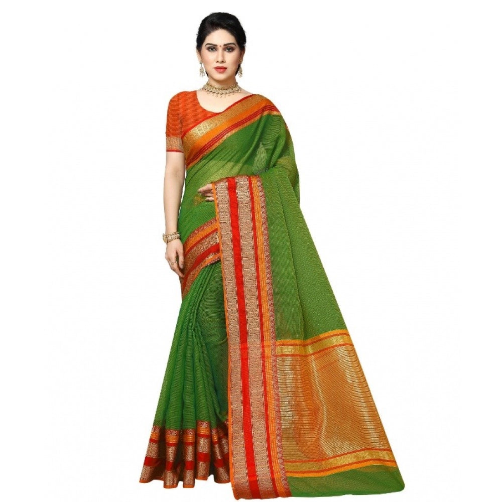 Amfyn Women's Kota Doria Cotton Border Saree With Blouse (Green, 5-6 Mtrs)