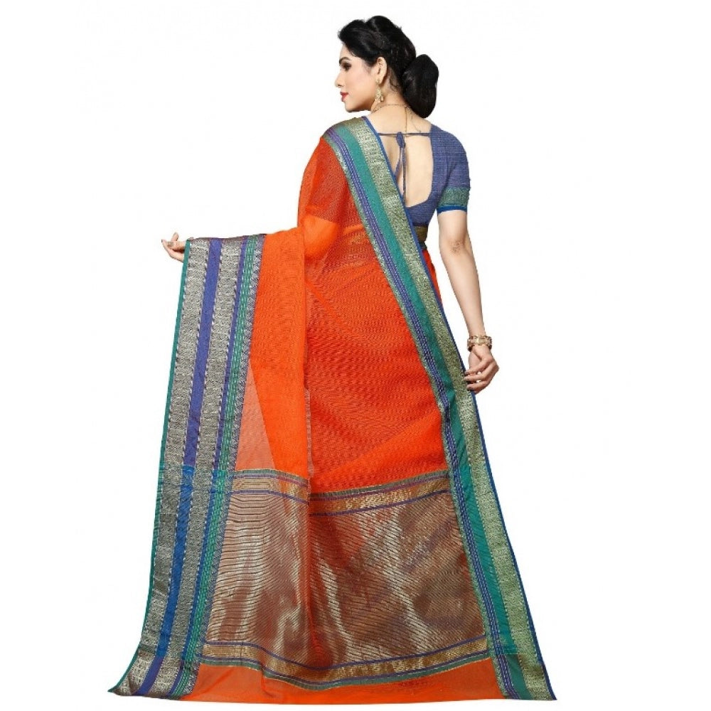 Amfyn Women's Kota Doria Cotton Border Saree With Blouse (Fanta, 5-6 Mtrs)