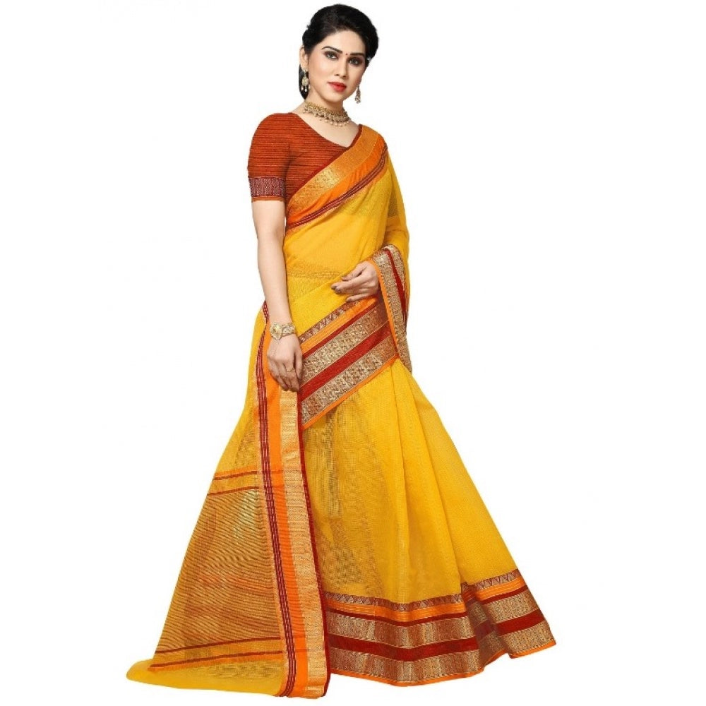 Amfyn Women's Kota Doria Cotton Border Saree With Blouse (Yellow, 5-6 Mtrs)