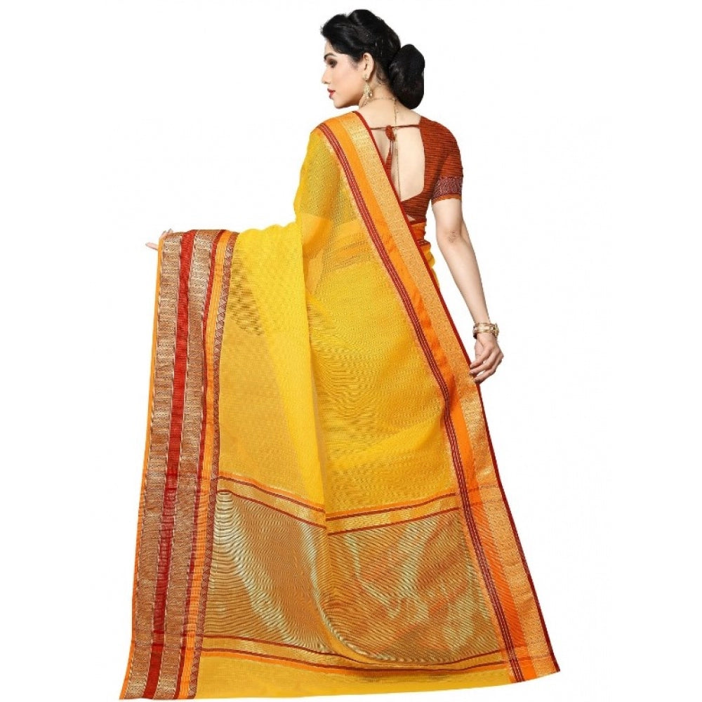 Amfyn Women's Kota Doria Cotton Border Saree With Blouse (Yellow, 5-6 Mtrs)