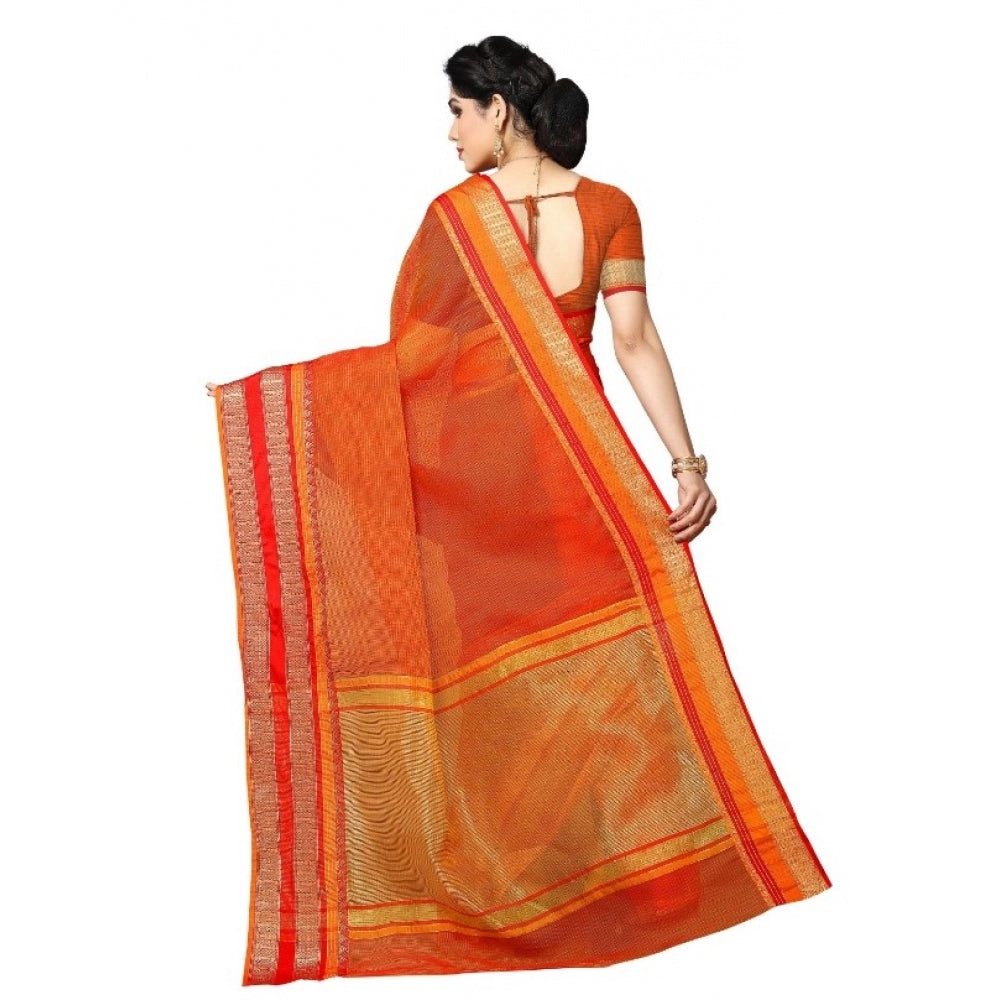 Amfyn Women's Kota Doria Cotton Border Saree With Blouse (Orange, 5-6 Mtrs)