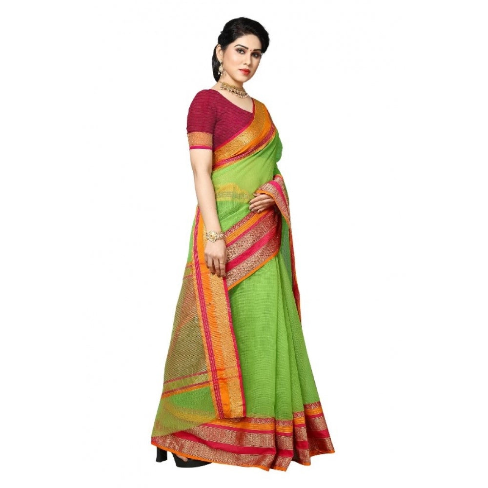 Amfyn Women's Kota Doria Cotton Border Saree With Blouse (Light Green, 5-6 Mtrs)