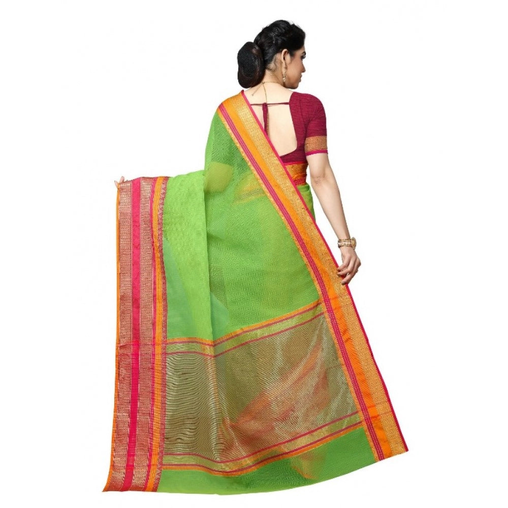 Amfyn Women's Kota Doria Cotton Border Saree With Blouse (Light Green, 5-6 Mtrs)