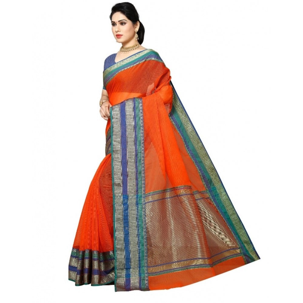 Amfyn Women's Kota Doria Cotton Border Saree With Blouse (Fanta, 5-6 Mtrs)