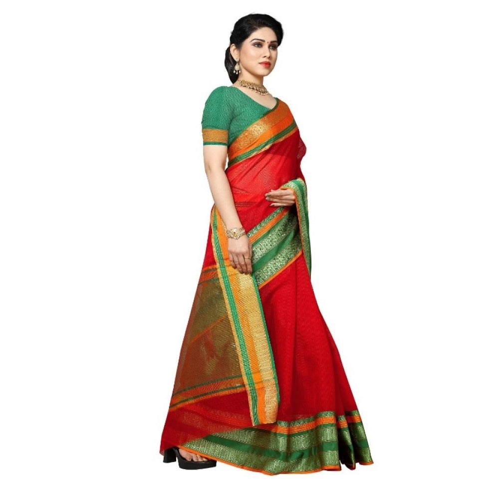 Amfyn Women's Kota Doria Cotton Border Saree With Blouse (Red, 5-6 Mtrs)
