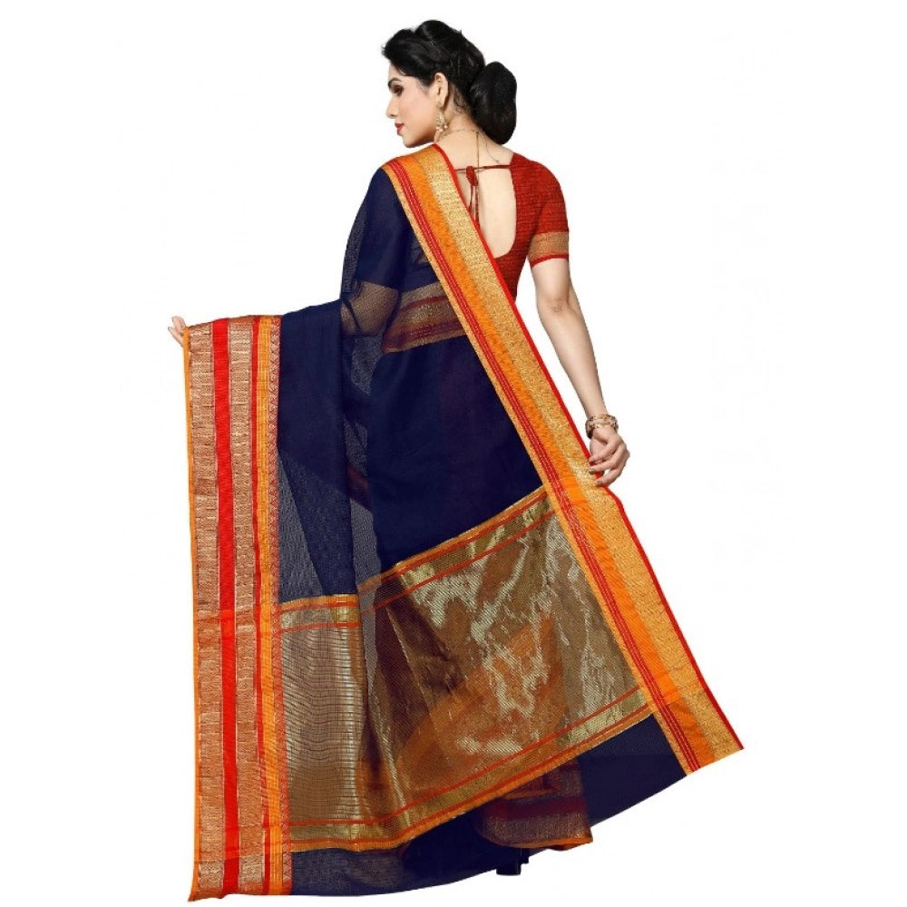 Amfyn Women's Kota Doria Cotton Border Saree With Blouse (Navy Blue, 5-6 Mtrs)