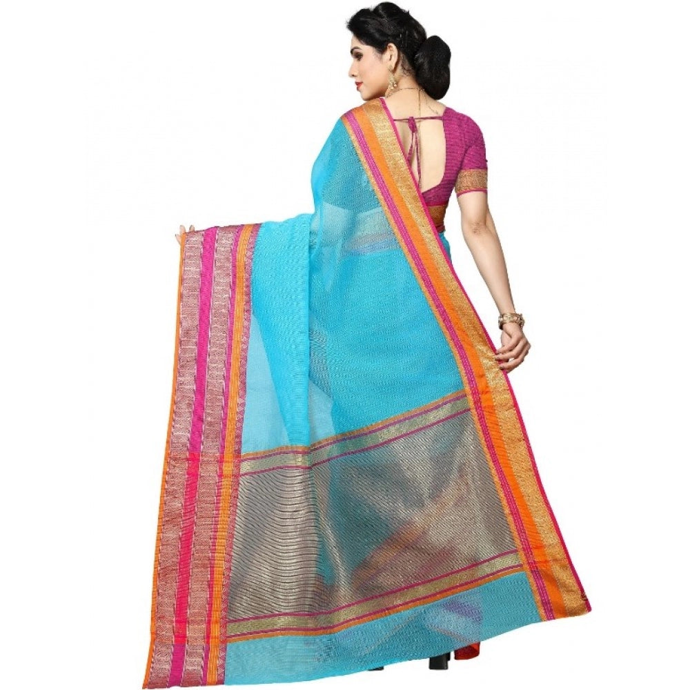 Amfyn Women's Kota Doria Cotton Border Saree With Blouse (Sky Blue, 5-6 Mtrs)