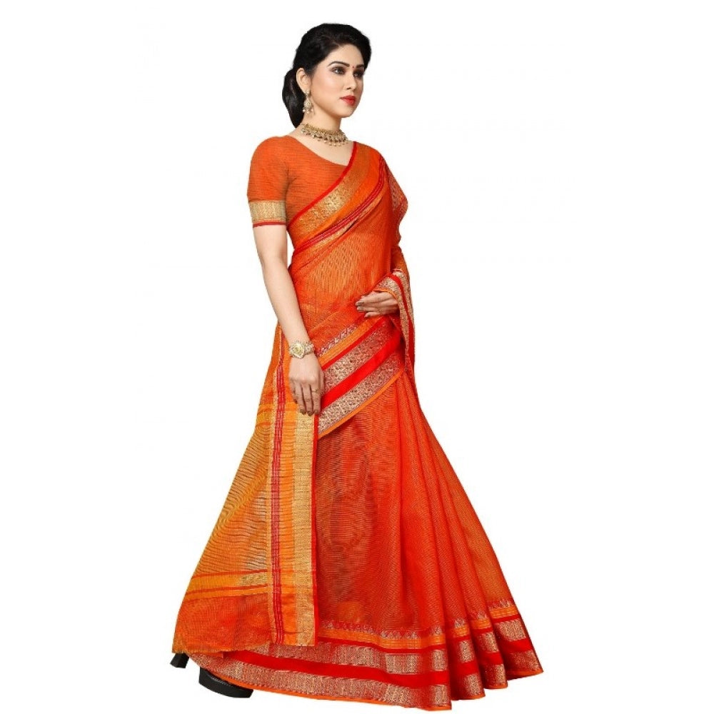 Amfyn Women's Kota Doria Cotton Border Saree With Blouse (Orange, 5-6 Mtrs)