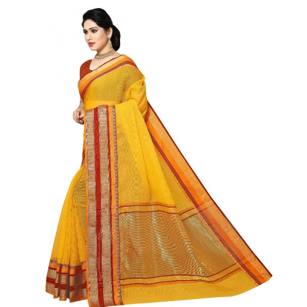 Amfyn Women's Kota Doria Cotton Border Saree With Blouse (Yellow, 5-6 Mtrs)