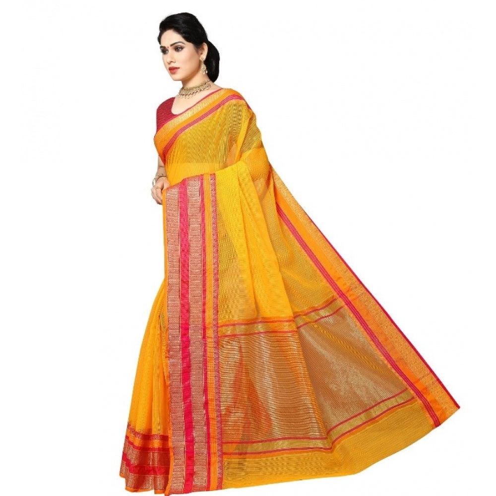 Amfyn Women's Kota Doria Cotton Border Saree With Blouse (Gold, 5-6 Mtrs)
