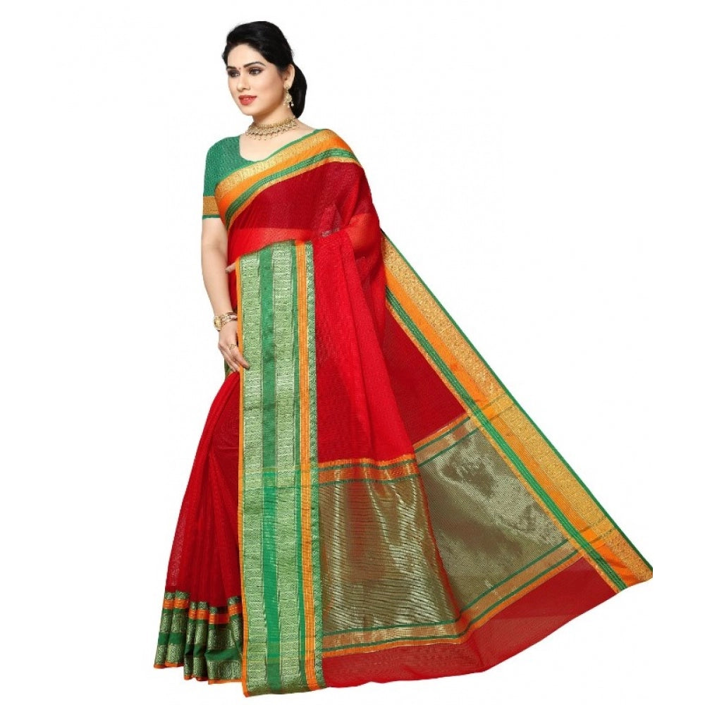 Amfyn Women's Kota Doria Cotton Border Saree With Blouse (Red, 5-6 Mtrs)
