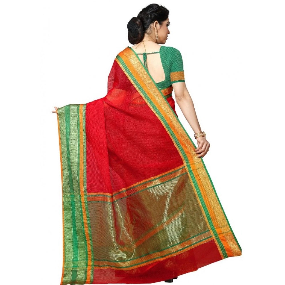 Amfyn Women's Kota Doria Cotton Border Saree With Blouse (Red, 5-6 Mtrs)