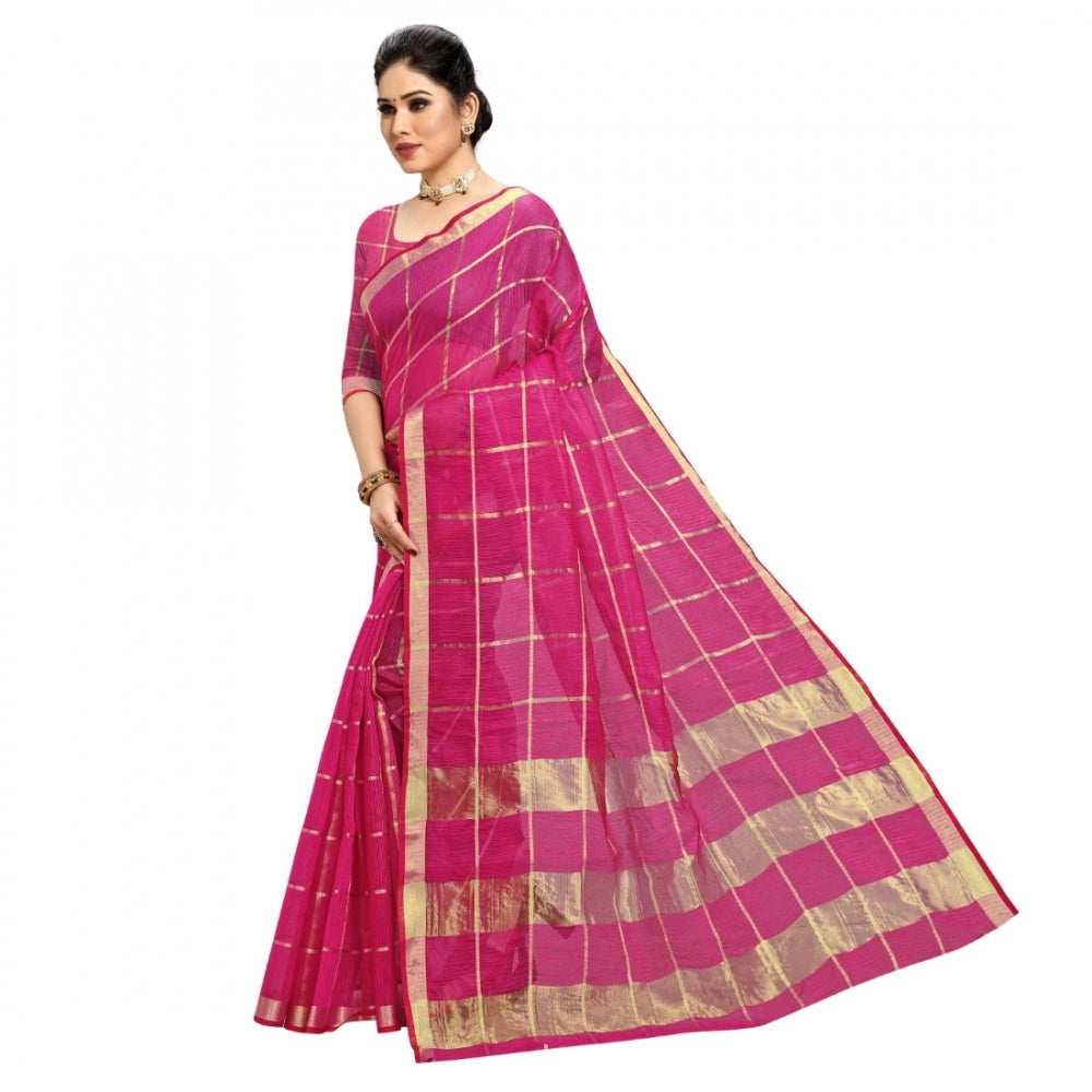 Amfyn Women's Kota Doria Cotton Checked Saree With Blouse (Rani, 5-6 Mtrs)
