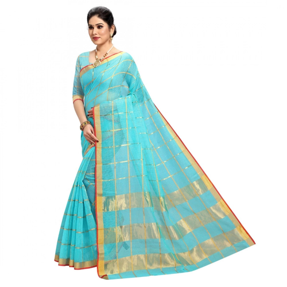 Amfyn Women's Kota Doria Cotton Checked Saree With Blouse (Sky Blue, 5-6 Mtrs)