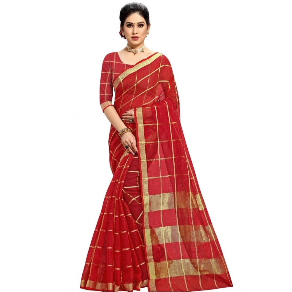 Amfyn Women's Kota Doria Cotton Checked Saree With Blouse (Red, 5-6 Mtrs)