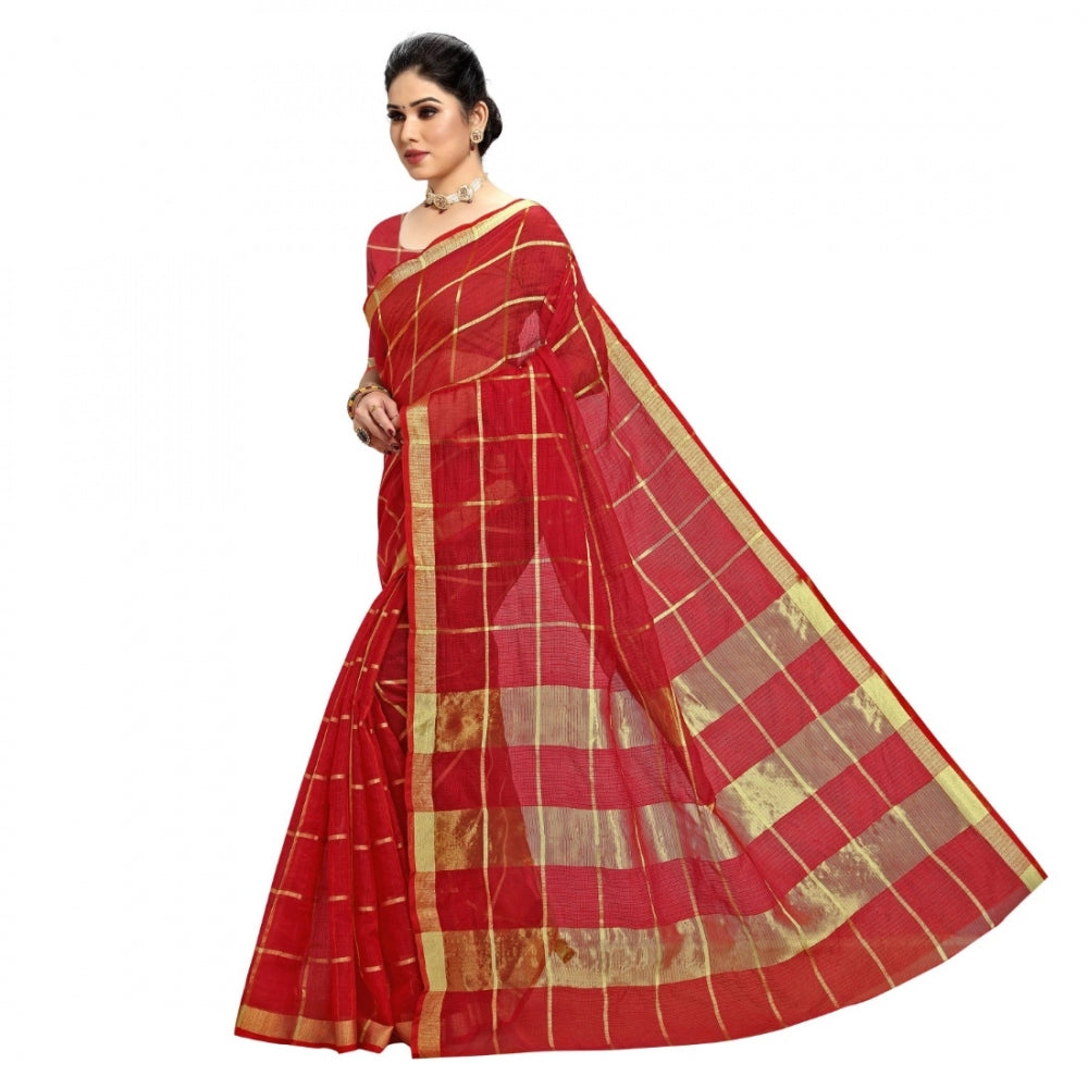 Amfyn Women's Kota Doria Cotton Checked Saree With Blouse (Red, 5-6 Mtrs)