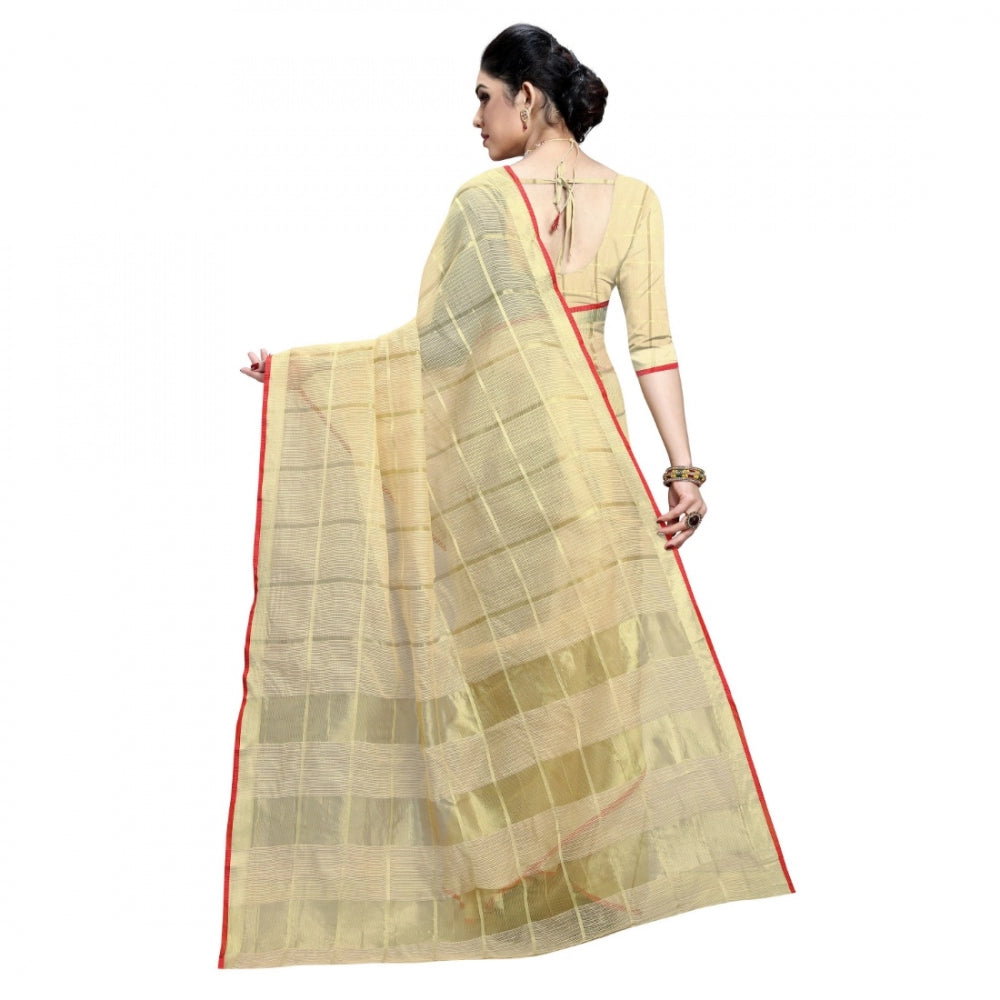 Amfyn Women's Kota Doria Cotton Checked Saree With Blouse (Beige, 5-6 Mtrs)