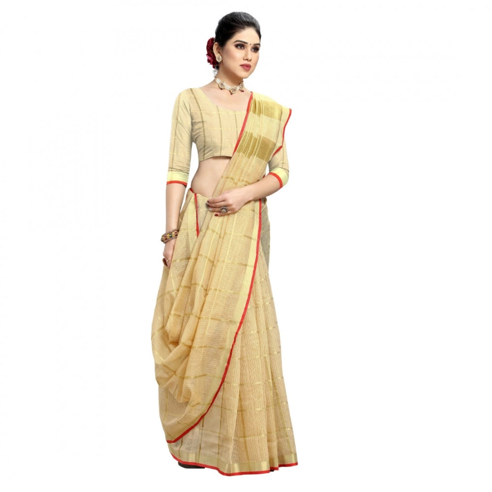 Amfyn Women's Kota Doria Cotton Checked Saree With Blouse (Beige, 5-6 Mtrs)