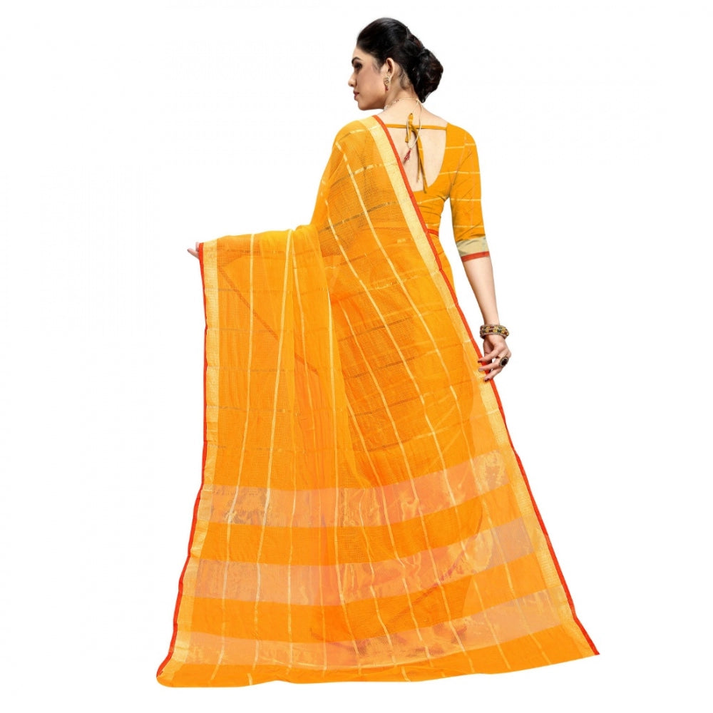 Amfyn Women's Kota Doria Cotton Checked Saree With Blouse (Yellow, 5-6 Mtrs)