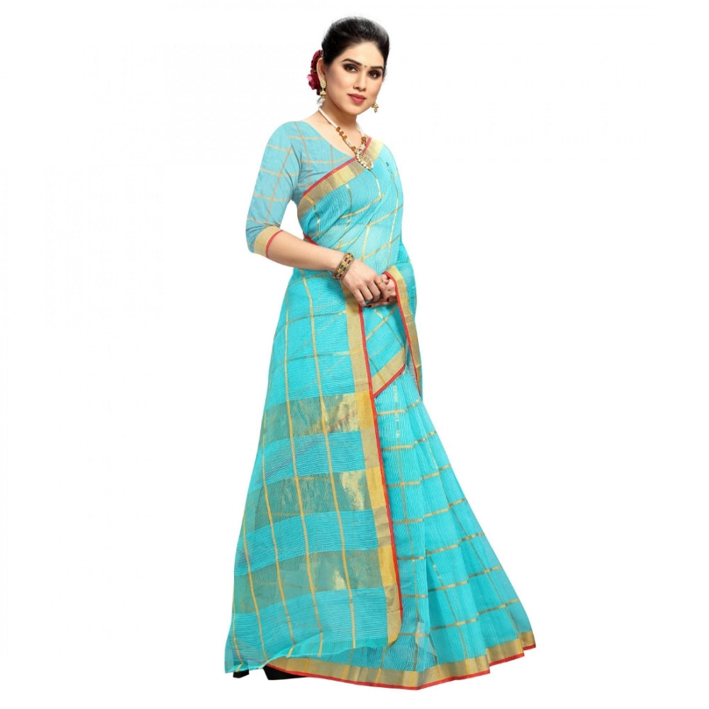 Amfyn Women's Kota Doria Cotton Checked Saree With Blouse (Sky Blue, 5-6 Mtrs)