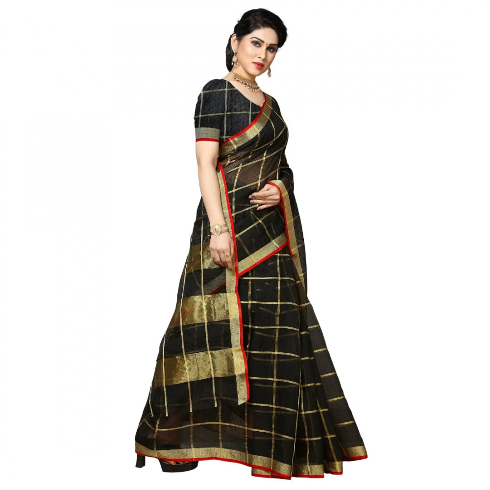 Amfyn Women's Kota Doria Cotton Checked Saree With Blouse (Black, 5-6 Mtrs)