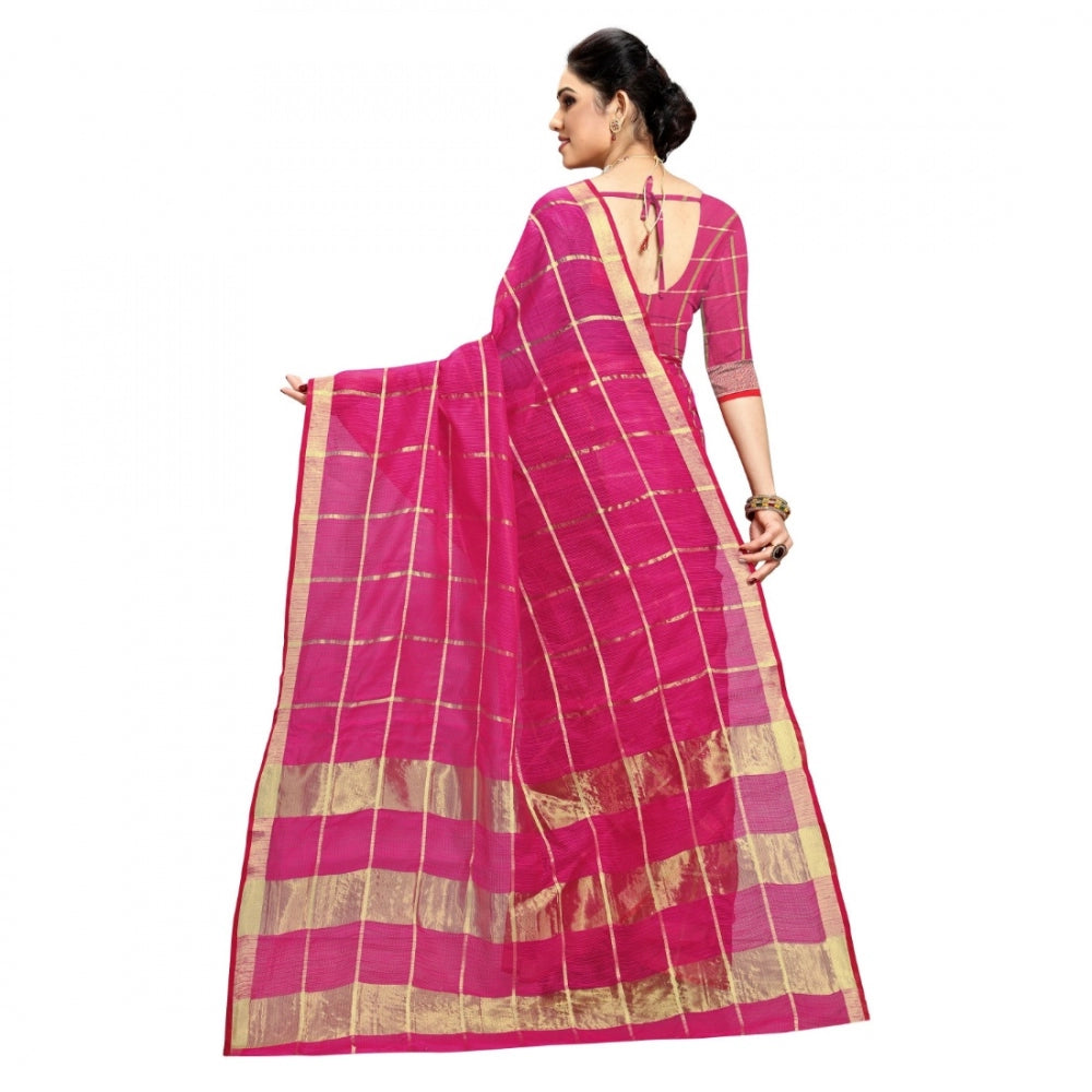 Amfyn Women's Kota Doria Cotton Checked Saree With Blouse (Rani, 5-6 Mtrs)