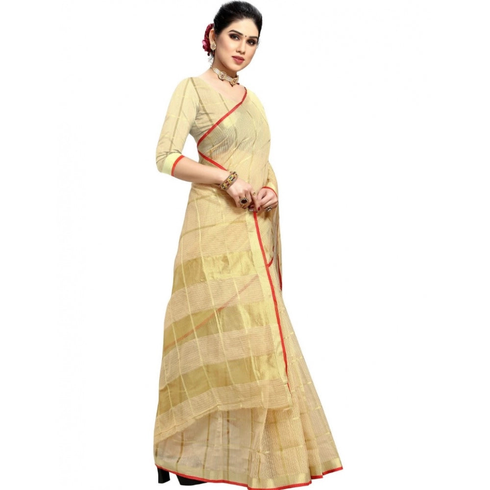 Amfyn Women's Kota Doria Cotton Checked Saree With Blouse (Beige, 5-6 Mtrs)